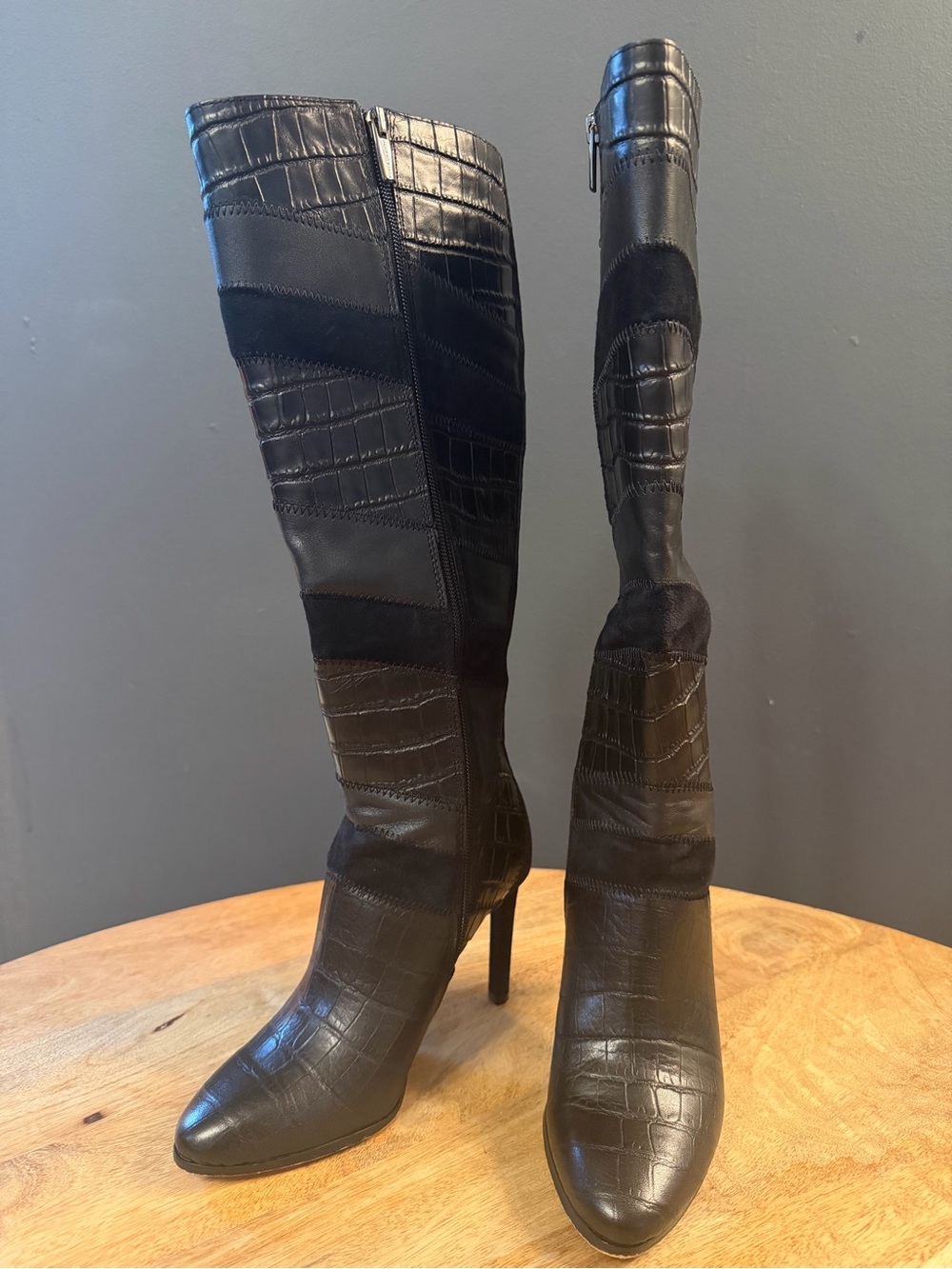Vince Camuto Black Croc-Embossed & Suede Over-the-Knee Stiletto Boots